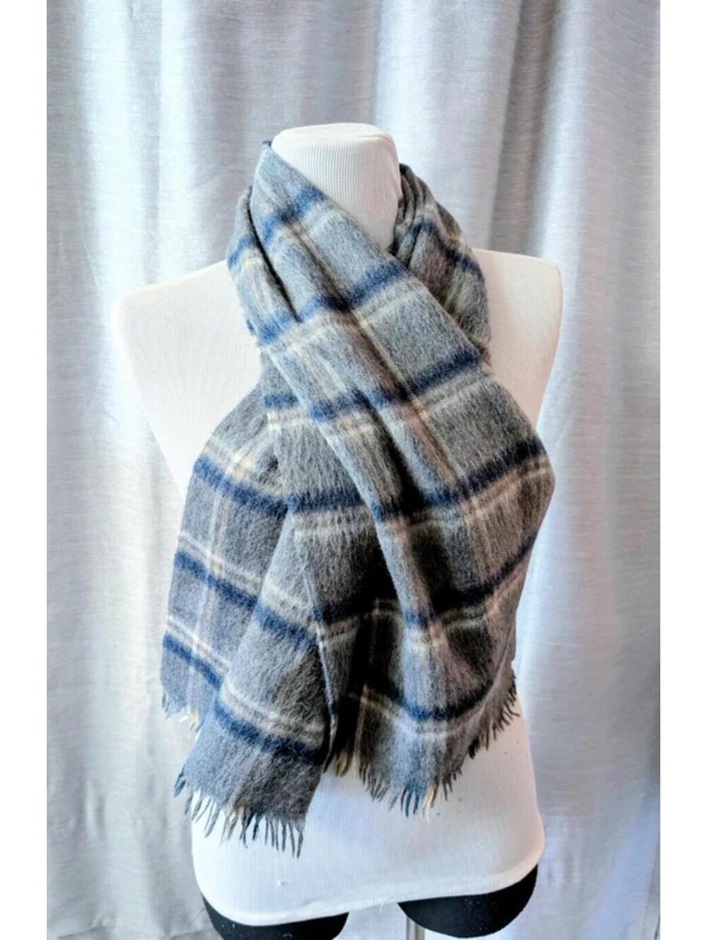 Gray Navy Wool Plaid Vintage 90s Scarf